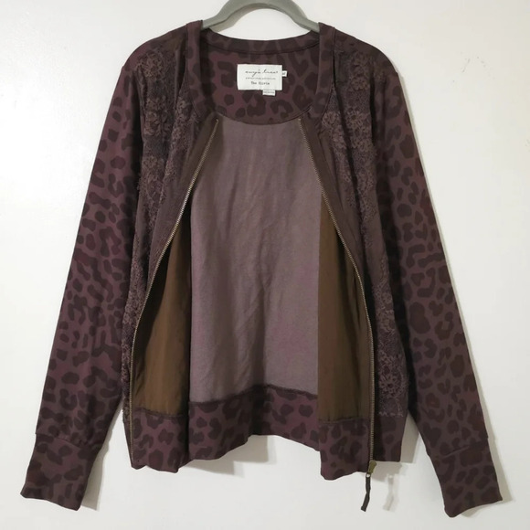 EVY'S TREE Leopars Knit Pieced Jacket, Lace Front Panel, Chocolate Brown, XL - Picture 10 of 16